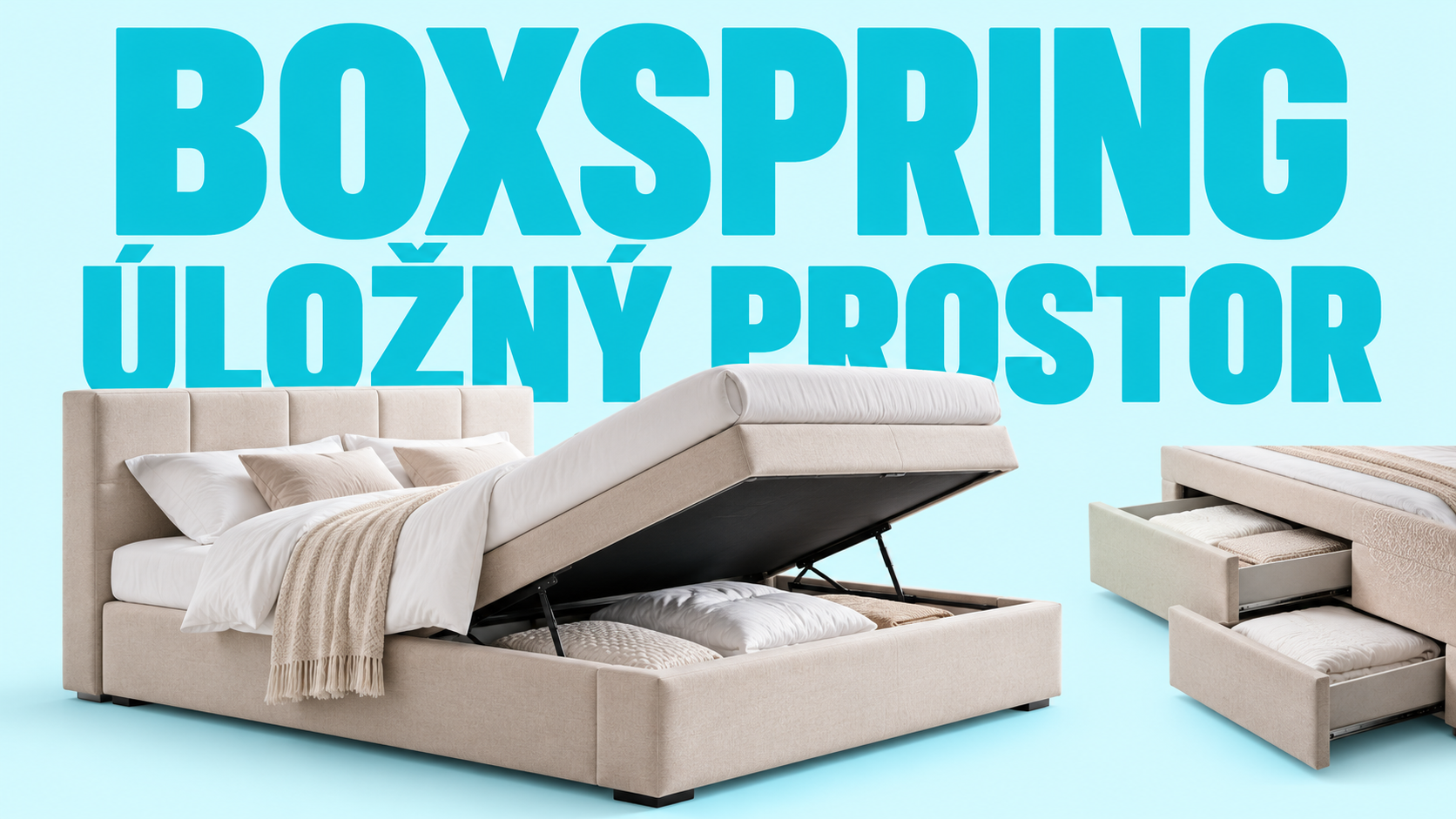 Boxspring postel s výklopným úložným prostorem a varianta se zásuvkami